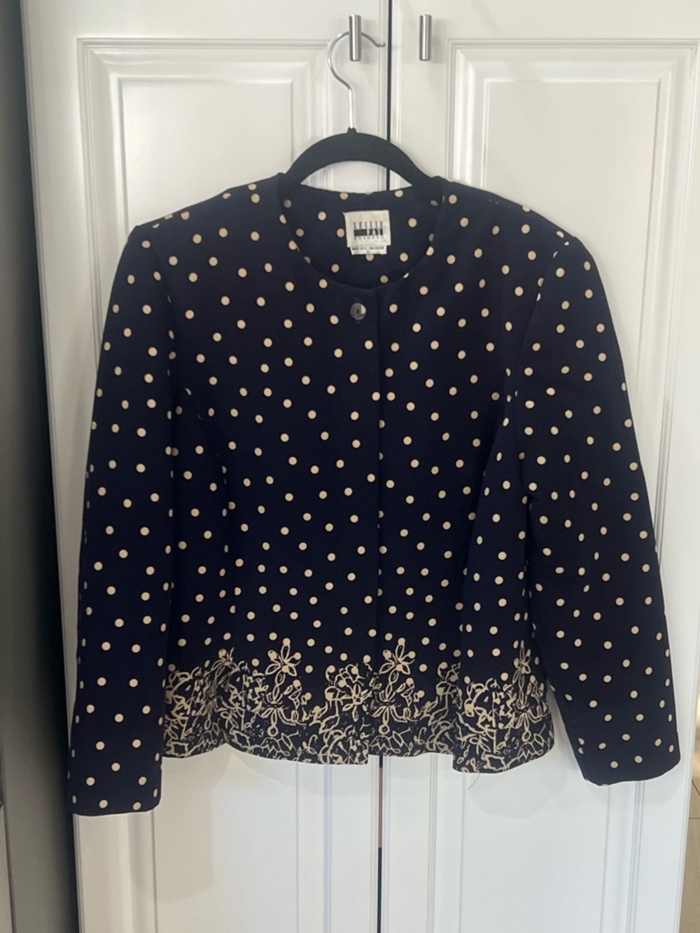Vintage Leslie Fay Navy Blue Polka Dot Blazer with Floral Border Detail Size 14